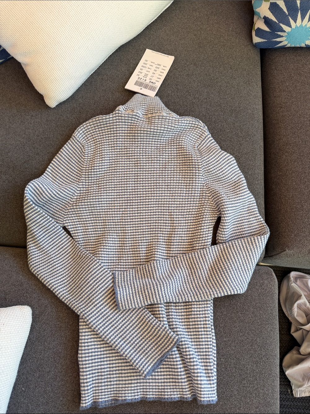 Brandy Melville Gray and White Striped Ribbed Mock Neck Sweater